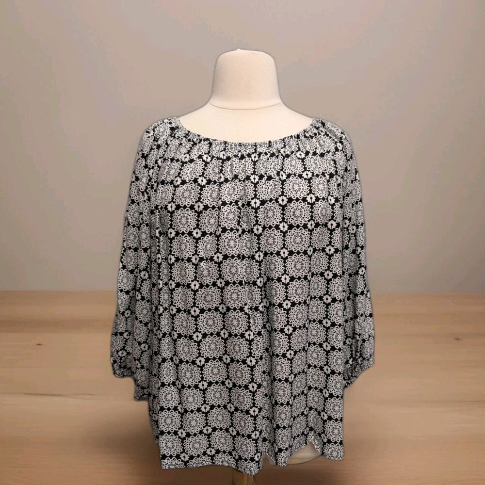 Chelsea & Theodore Popover Top Size 3X Balloon Sleeve Black White Geo Print